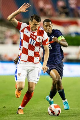 Croatia v France: UEFA Nations League - League Path Group 1 SPLIT, CROATIA - JUNE 06: Ante Budimir of Croatia compete for the ball with Presnel Kimpembe of France during the UEFA Nations League League A Group 1 match between Croatia and France at Stadion Poljud on June 6, 2022 in Split, Croatia. MilanxSabic PIXSELL