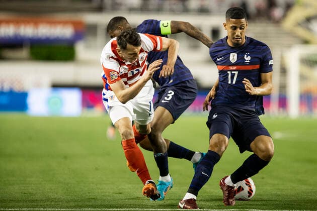 Croatia v France: UEFA Nations League - League Path Group 1 SPLIT, CROATIA - JUNE 06: Ante Budimir of Croatia compete for the ball with Presnel Kimpembe and William Saliba of France during the UEFA Nations League League A Group 1 match between Croatia and France at Stadion Poljud on June 6, 2022 in Split, Croatia. MilanxSabic PIXSELL