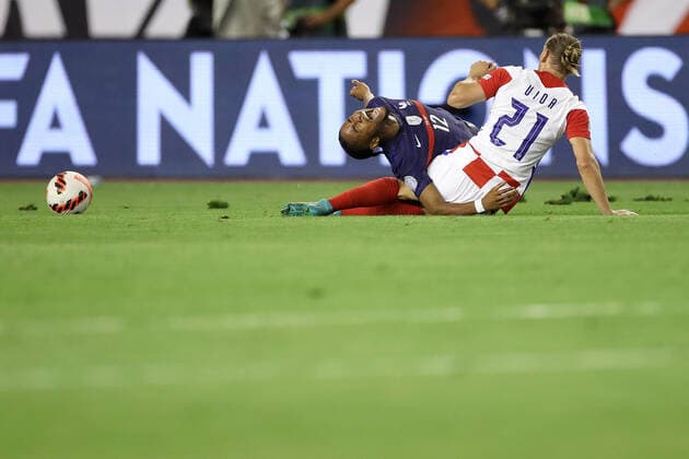 Croatia v France: UEFA Nations League - League Path Group 1 SPLIT, CROATIA - JUNE 06: Domagoj Vida of Croatia fouls Christopher Nkunku of France during the UEFA Nations League League A Group 1 match between Croatia and France at Stadion Poljud on June 6, 2022 in Split, Croatia. IgorxKralj PIXSELL