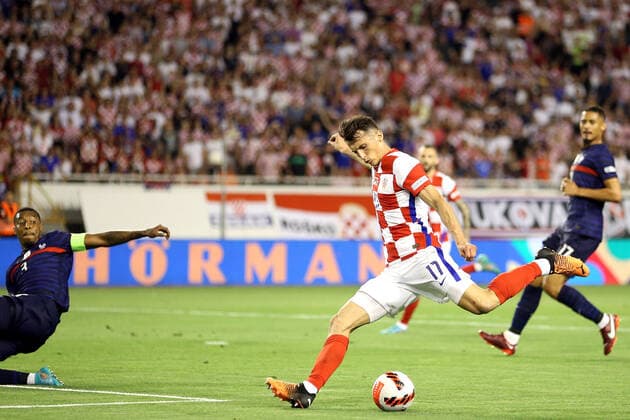 Croatia v France: UEFA Nations League - League Path Group 1 SPLIT, CROATIA - JUNE 06: Ante Budimir of Croatia shots on a goal during the UEFA Nations League League A Group 1 match between Croatia and France at Stadion Poljud on June 6, 2022 in Split, Croatia. LukaxStanzl PIXSELL