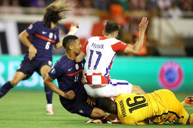 Croatia v France: UEFA Nations League - League Path Group 1 SPLIT, CROATIA - JUNE 06: William Saliba of France, Ante Budimir of Croatia and Mike Maignan of France during the UEFA Nations League League A Group 1 match between Croatia and France at Stadion Poljud on June 6, 2022 in Split, Croatia. LukaxStanzl PIXSELL