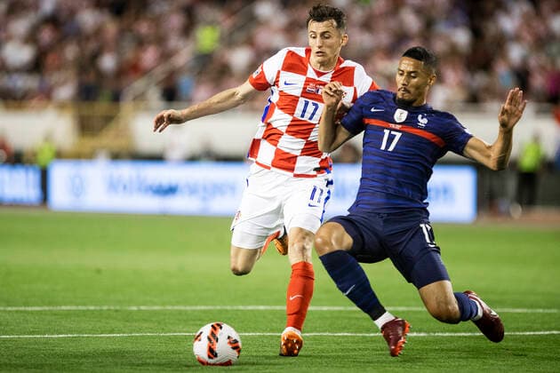 Croatia v France: UEFA Nations League - League Path Group 1 SPLIT, CROATIA - JUNE 06: Ante Budimir of Croatia competes for a ball with William Saliba of France during the UEFA Nations League League A Group 1 match between Croatia and France at Stadion Poljud on June 6, 2022 in Split, Croatia. MilanxSabic PIXSELL