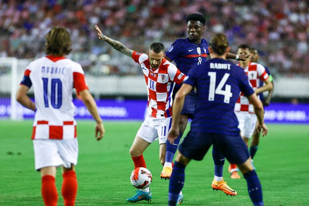 Croatia v France: UEFA Nations League - League Path Group 1 SPLIT, CROATIA - JUNE 06: Marcelo Brozovic of Croatia compete for a ball with Aurelien Tchouameni of France during the UEFA Nations League League A Group 1 match between Croatia and France at Stadion Poljud on June 6, 2022 in Split, Croatia. MiroslavxLelas PIXSELL