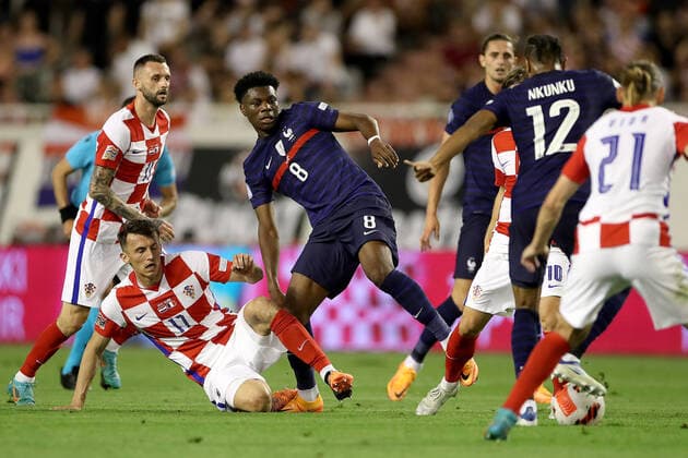 Croatia v France: UEFA Nations League - League Path Group 1 SPLIT, CROATIA - JUNE 06: Ante Budimir of Croatia competes for a ball with Aurelien Tchouameni of France during the UEFA Nations League League A Group 1 match between Croatia and France at Stadion Poljud on June 6, 2022 in Split, Croatia. IgorxKralj PIXSELL