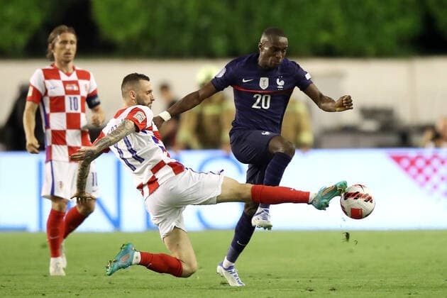 Croatia v France: UEFA Nations League - League Path Group 1 SPLIT, CROATIA - JUNE 06: Marcelo Brozovic of Croatia in action against Moussa Diaby of Croatia during the UEFA Nations League League A Group 1 match between Croatia and France at Stadion Poljud on June 6, 2022 in Split, Croatia. LukaxStanzl PIXSELL