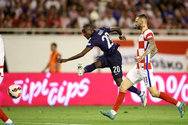 Croatia v France: UEFA Nations League - League Path Group 1 SPLIT, CROATIA - JUNE 06: Moussa Diaby of France shots on a goal during the UEFA Nations League League A Group 1 match between Croatia and France at Stadion Poljud on June 6, 2022 in Split, Croatia. LukaxStanzl PIXSELL