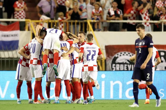 Croatia v France: UEFA Nations League - League Path Group 1 SPLIT, CROATIA - JUNE 06: Players of Croatia celebrate scoring a goal for 1:1 during the UEFA Nations League League A Group 1 match between Croatia and France at Stadion Poljud on June 6, 2022 in Split, Croatia. LukaxStanzl PIXSELL