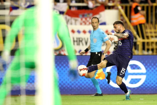 Croatia v France: UEFA Nations League - League Path Group 1 SPLIT, CROATIA - JUNE 06: Jonathan Clauss of France shots on a goal during the UEFA Nations League League A Group 1 match between Croatia and France at Stadion Poljud on June 6, 2022 in Split, Croatia. LukaxStanzl PIXSELL