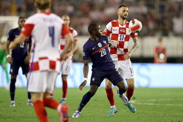 Croatia v France: UEFA Nations League - League Path Group 1 SPLIT, CROATIA - JUNE 06: Moussa Diaby of France compete for a ball with Marcelo Brozovic of Croatia during the UEFA Nations League League A Group 1 match between Croatia and France at Stadion Poljud on June 6, 2022 in Split, Croatia. IgorxKralj PIXSELL
