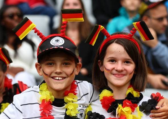 Munich, Germany, 7th June 2022. Young German fans pose for a picture prior to the UEFA Nations League match at Allianz Arena, Munich. Picture credit should read: David Klein Sportimage EDITORIAL USE ONLY. No use with unauthorised audio, video, data, fixture lists, club league logos or live services. Online in-match use limited to 120 images, no video emulation. No use in betting, games or single club league player publications. SPI-1728-0010