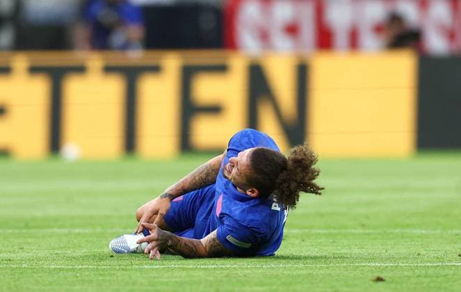 Munich, Germany, 7th June 2022. Kalvin Phillips of England goes down injured during the UEFA Nations League match at Allianz Arena, Munich. Picture credit should read: David Klein Sportimage EDITORIAL USE ONLY. No use with unauthorised audio, video, data, fixture lists, club league logos or live services. Online in-match use limited to 120 images, no video emulation. No use in betting, games or single club league player publications. SPI-1728-0043