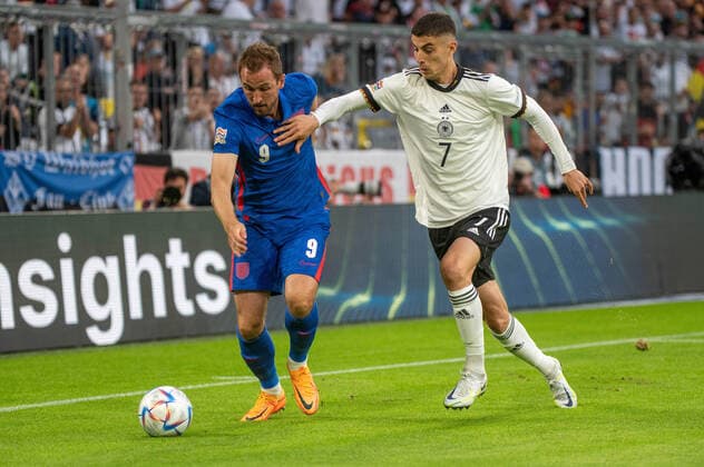 Harry Kane (ENG) und Kai Havertz (GER). Deutschland, Muenchen, 07.06.2022, Nationalmannschaft, UEFA Nations League Division A, Gruppe 3: Deutschland vs England, Saison 2022 2023, 2. Spieltag, Allianz Arena Foto: A2 Bildagentur Peter Hartenfelser