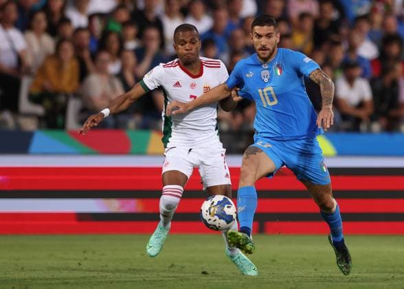Cesena, Italy, 7th June 2022. Loic Nego of Hungary tussles with Lorenzo Pellegrini of Italy during the UEFA Nations League match at Stadio Dino Manuzzi, Cesena. Picture credit should read: Jonathan Moscrop Sportimage EDITORIAL USE ONLY. No use with unauthorised audio, video, data, fixture lists, club league logos or live services. Online in-match use limited to 120 images, no video emulation. No use in betting, games or single club league player publications. SPI-1722-0001