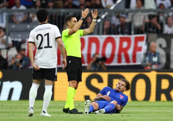 Munich, Germany, 7th June 2022. Kalvin Phillips of England goes down with an injury during the UEFA Nations League match at Allianz Arena, Munich. Picture credit should read: David Klein Sportimage EDITORIAL USE ONLY. No use with unauthorised audio, video, data, fixture lists, club league logos or live services. Online in-match use limited to 120 images, no video emulation. No use in betting, games or single club league player publications. SPI-1728-0057