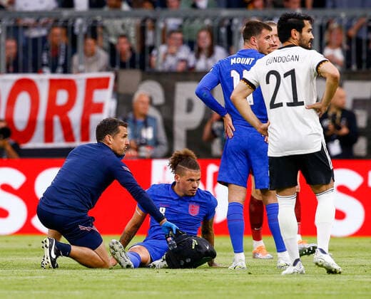 Germany v England UEFA Nations League Kalvin Phillips of England receives treatment from the England medical staff during the UEFA Nations League match between Germany and England at Allianz Arena, Munich Content Not Available For UK Newspapers Copyright: xPaulxChestertonx FIL-16985-0071 UK Newspapers OUT