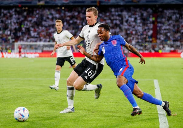 Germany v England UEFA Nations League Raheem Sterling of England and Lukas Klostermann of Germany battle during the UEFA Nations League match between Germany and England at Allianz Arena, Munich Content Not Available For UK Newspapers Copyright: xPaulxChestertonx FIL-16985-0098 UK Newspapers OUT