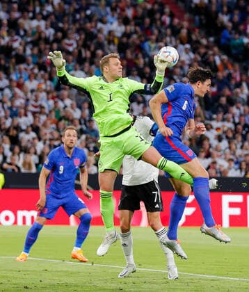 Germany v England UEFA Nations League Manuel Neurer of Germany and Harry Maguire of England compete for the ball from a corner during the UEFA Nations League match between Germany and England at Allianz Arena, Munich Content Not Available For UK Newspapers Copyright: xPaulxChestertonx FIL-16985-0103 UK Newspapers OUT