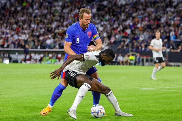 Germany v England UEFA Nations League 07 06 2022. Harry Kane (9) of England tussles with Antonio Rudiger (2) of Germany during the UEFA Nations League match between Germany and England at Allianz Arena, Munich, Germany on 7 June 2022. Editorial use only , Copyright: xNigelxKeenex PSI-15374-0033