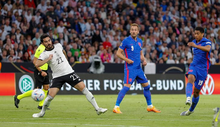 Germany v England UEFA Nations League Judge Bellingham of England has a shot on goal during the UEFA Nations League match between Germany and England at Allianz Arena, Munich Content Not Available For UK Newspapers Copyright: xPaulxChestertonx FIL-16985-0107 UK Newspapers OUT