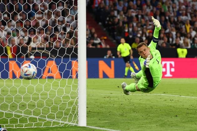 Munich, Germany, 7th June 2022. A shot from Bukayo Saka of England flashes wide of the post past Manuel Neuer of Germany during the UEFA Nations League match at Allianz Arena, Munich. Picture credit should read: David Klein Sportimage EDITORIAL USE ONLY. No use with unauthorised audio, video, data, fixture lists, club league logos or live services. Online in-match use limited to 120 images, no video emulation. No use in betting, games or single club league player publications. SPI-1728-0080