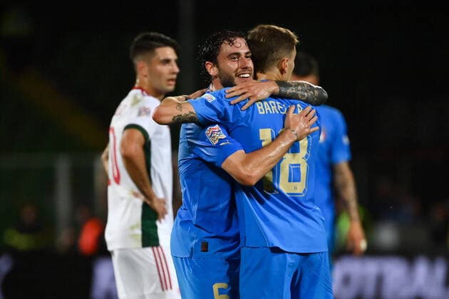 Photo Massimo Paolone LaPresse june 7, 2022 Cesena, Italy soccer Italy vs Hungary - UEFA Nations League League A Group 3 - Dino Manuzzi Orogel stadium In the pic: Nicolo Barella (Italia) celebrates with Davide Calabria (Italia) after scoring goal 1-0  Copyright: xMassimoxPaolone LaPressex