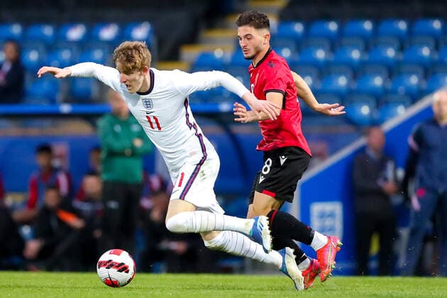 Mandatory Credit: Photo by Ryan Crockett JMP Shutterstock (12976060bm) Anthony Gordon of England is fouled England U21, U 21 v Albania U21, UK - 07 Jun 2022 Editorial use only England U21 v Albania U21, UK - 07 Jun 2022 Editorial use only  Copyright: xRyanxCrockett JMP Shutterstockx 12976060bm