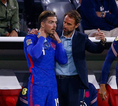 Germany v England UEFA Nations League Jack Grealish of England receives instructions from Gareth Southgate manager of England before coming on as a substitute during the UEFA Nations League match between Germany and England at Allianz Arena, Munich Content Not Available For UK Newspapers Copyright: xPaulxChestertonx FIL-16985-0168 UK Newspapers OUT