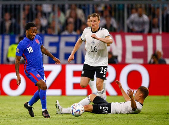 Germany v England UEFA Nations League Raheem Sterling of England tries to break during the UEFA Nations League match between Germany and England at Allianz Arena, Munich Content Not Available For UK Newspapers Copyright: xPaulxChestertonx FIL-16985-0180 UK Newspapers OUT