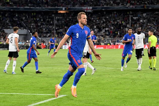 Muenchen, Allianz Arena, 07.06.22, GER, Herren, UEFA Nations League, Saison 2022-2023, Deutschland - England Bild: Harry Kane (England) jubelt nach seinem Tor zum 1:1 Nur fuer journalistische Zwecke! Only for editorial use! Bayern Deutschland