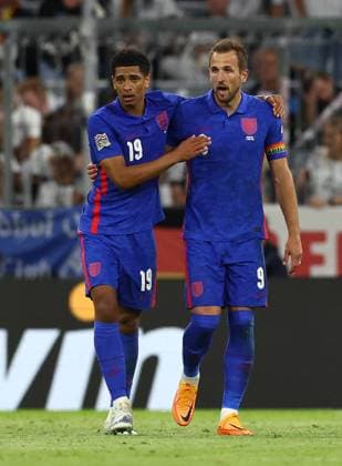 Munich, Germany, 7th June 2022. Harry Kane of England celebrates scoring with Jude Bellingham of England during the UEFA Nations League match at Allianz Arena, Munich. Picture credit should read: David Klein Sportimage EDITORIAL USE ONLY. No use with unauthorised audio, video, data, fixture lists, club league logos or live services. Online in-match use limited to 120 images, no video emulation. No use in betting, games or single club league player publications. SPI-1728-0104