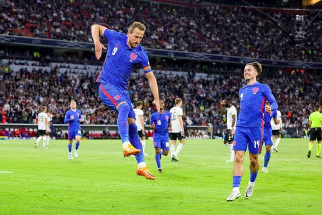 Germany v England UEFA Nations League 07 06 2022. Goal 1-1 Harry Kane (9) of England scores from the penalty spot and celebrates during the UEFA Nations League match between Germany and England at Allianz Arena, Munich, Germany on 7 June 2022. Editorial use only , Copyright: xNigelxKeenex PSI-15374-0052