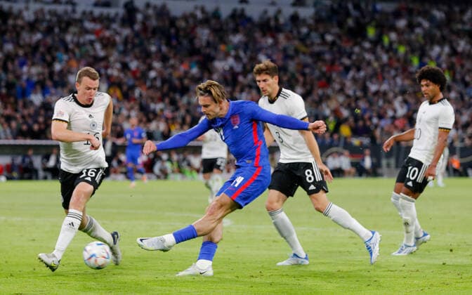 Germany v England UEFA Nations League Jack Grealish of England has a shot at goal during the UEFA Nations League match between Germany and England at Allianz Arena, Munich Content Not Available For UK Newspapers Copyright: xPaulxChestertonx FIL-16985-0189 UK Newspapers OUT