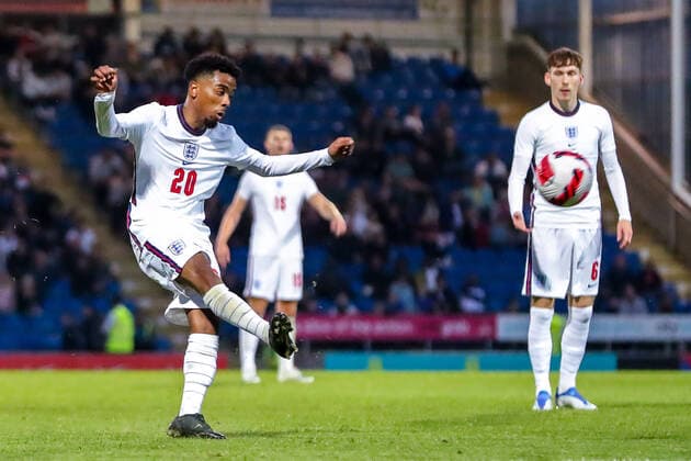 Mandatory Credit: Photo by Ryan Crockett JMP Shutterstock (12976060cl) Angel Gomes of England shoots at goal England U21, U 21 v Albania U21, UK - 07 Jun 2022 Editorial use only England U21 v Albania U21, UK - 07 Jun 2022 Editorial use only  Copyright: xRyanxCrockett JMP Shutterstockx 12976060cl