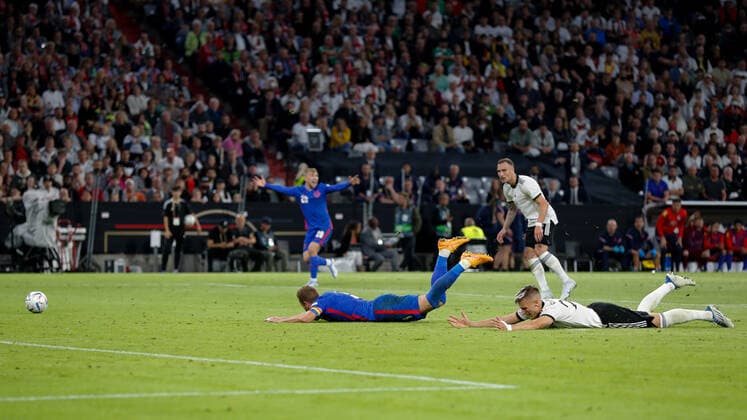 Germany v England UEFA Nations League Harry Kane of England is brought down in the penalty area by Nico Schlotterbeck of Germany during the UEFA Nations League match between Germany and England at Allianz Arena, Munich Content Not Available For UK Newspapers Copyright: xPaulxChestertonx FIL-16985-0221 UK Newspapers OUT