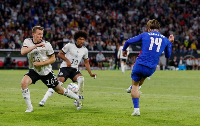 Germany v England UEFA Nations League Jack Grealish of England crosses the ball during the UEFA Nations League match between Germany and England at Allianz Arena, Munich Content Not Available For UK Newspapers Copyright: xPaulxChestertonx FIL-16985-0224 UK Newspapers OUT