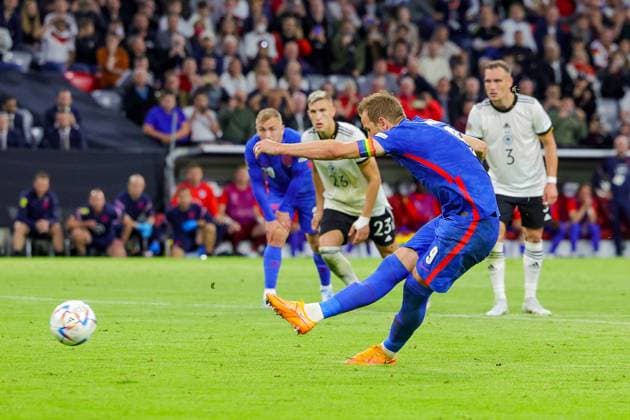 Germany v England UEFA Nations League 07 06 2022. Goal 1-1 Harry Kane (9) of England scores from the penalty spot during the UEFA Nations League match between Germany and England at Allianz Arena, Munich, Germany on 7 June 2022. Editorial use only , Copyright: xNigelxKeenex PSI-15374-0063