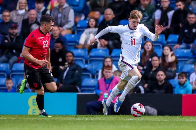 Mandatory Credit: Photo by Ryan Crockett JMP Shutterstock (12976060cq) Anthony Gordon of England in possession England U21, U 21 v Albania U21, UK - 07 Jun 2022 Editorial use only England U21 v Albania U21, UK - 07 Jun 2022 Editorial use only  Copyright: xRyanxCrockett JMP Shutterstockx 12976060cq