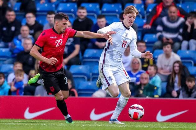 Mandatory Credit: Photo by Ryan Crockett JMP Shutterstock (12976060cm) Albion Marku of Albania puts pressure on Anthony Gordon of England England U21, U 21 v Albania U21, UK - 07 Jun 2022 Editorial use only England U21 v Albania U21, UK - 07 Jun 2022 Editorial use only  Copyright: xRyanxCrockett JMP Shutterstockx 12976060cm