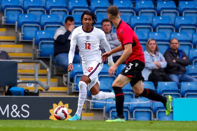 Mandatory Credit: Photo by Ryan Crockett JMP Shutterstock (12976060ek) Djed Spence of England looks for options England U21, U 21 v Albania U21, UK - 07 Jun 2022 Editorial use only England U21 v Albania U21, UK - 07 Jun 2022 Editorial use only  Copyright: xRyanxCrockett JMP Shutterstockx 12976060ek