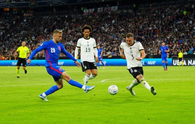 Mandatory Credit: Photo by Javier Garcia Shutterstock (12975315ah) Jarrod Bowen of England crosses past David Raum of Germany Germany v England, UEFA Nations League, Group C, International Football, Allianz Arena, Munich, Germany - 07 Jun 2022 EDITORIAL USE ONLY No use with unauthorised audio, video, data, fixture lists, club league logos or live services. Online in-match use limited to 120 images, no video emulation. No use in betting, games or single club league player publications. Germany v England, UEFA Nations League, Group C, International Football, Allianz Arena, Munich, Germany - 07 Jun 2022 EDITORIAL USE ONLY No use with unauthorised audio, video, data, fixture lists, club league logos or live services. Online in-match use limited to 120 images, no video emulation. No use in betting, games or single club league player publications. Copyright: xJavierxGarcia Shutterstockx 12975315ah