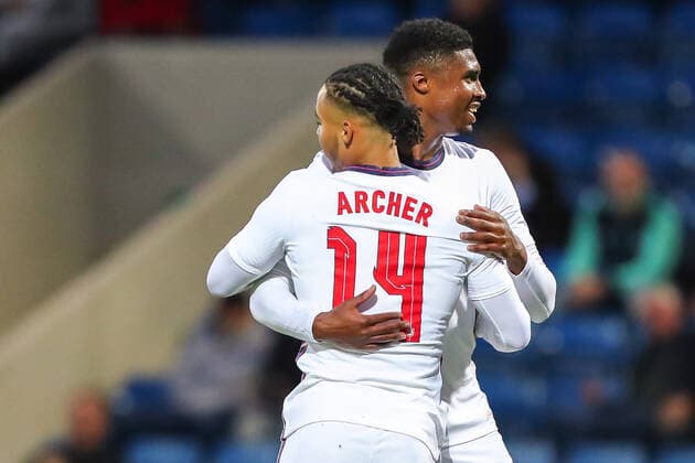 Mandatory Credit: Photo by Ryan Crockett JMP Shutterstock (12976060fn) Cameron Archer celebrates his goal with Ben Johnson of England England U21, U 21 v Albania U21, UK - 07 Jun 2022 Editorial use only England U21 v Albania U21, UK - 07 Jun 2022 Editorial use only  Copyright: xRyanxCrockett JMP Shutterstockx 12976060fn