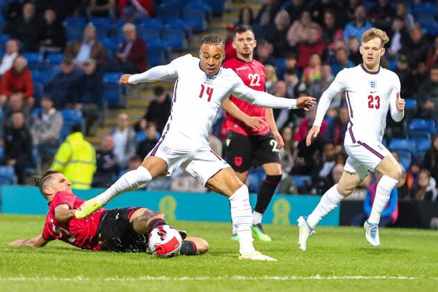 Mandatory Credit: Photo by Ryan Crockett JMP Shutterstock (12976060fv) Erdis Kraja of Albania attempts to get the ball away from Cameron Archer of England England U21, U 21 v Albania U21, UK - 07 Jun 2022 Editorial use only England U21 v Albania U21, UK - 07 Jun 2022 Editorial use only  Copyright: xRyanxCrockett JMP Shutterstockx 12976060fv