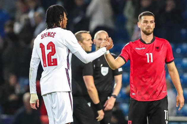 Mandatory Credit: Photo by Ryan Crockett JMP Shutterstock (12976060ga) Djed Spence of England and Bernard Karrica of Albania shake hands at full time England U21, U 21 v Albania U21, UK - 07 Jun 2022 Editorial use only England U21 v Albania U21, UK - 07 Jun 2022 Editorial use only  Copyright: xRyanxCrockett JMP Shutterstockx 12976060ga
