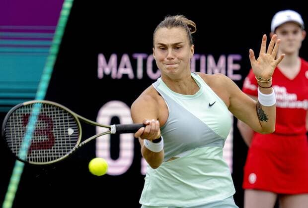 ROSMALEN - Tennis player Aryna Sabalenka (Belarus) in action at the international tennis tournament Libema Open. The combined Dutch tennis tournament for men and women will be held on the grass courts of Autotron for twelve days. ANP SANDER KING xVIxANPxSportx xxANPxIVx