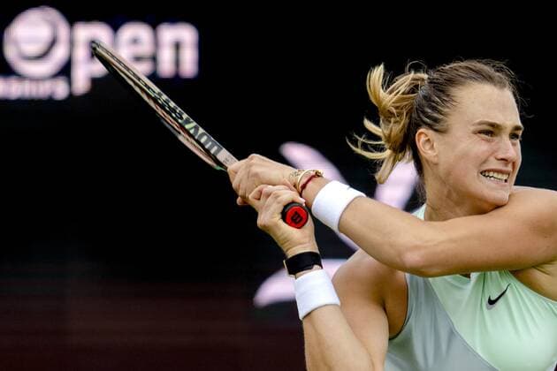 ROSMALEN - Tennis player Aryna Sabalenka (Belarus) in action at the international tennis tournament Libema Open. The combined Dutch tennis tournament for men and women will be held on the grass courts of Autotron for twelve days. ANP SANDER KING xVIxANPxSportx xxANPxIVx