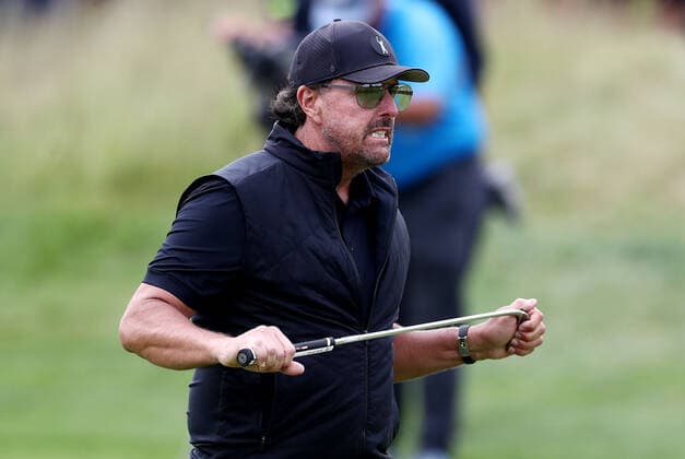 Mandatory Credit: Photo by James Marsh Shutterstock (12977875aw) Phil Mickelson of USA reacts on the 17th green. LIV Golf Invitational London, Day One, Golf, Centurion Club, Hertfordshire, UK - 09 June 2022 LIV Golf Invitational London, Day One, Golf, Centurion Club, Hertfordshire, UK - 09 June 2022 Copyright: xJamesxMarsh Shutterstockx 12977875aw