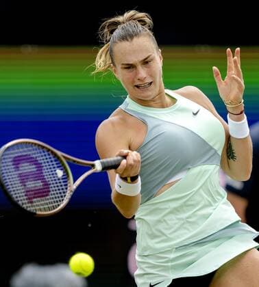 ROSMALEN - Tennis star Aryna Sabalenka (Belarus) in action during the match against Alison Van Uytvanck (not in photo, Belgium) at the international tennis tournament Libema Open. The combined Dutch tennis tournament for men and women will be held on the grass courts of Autotron for twelve days. ANP SANDER KING xVIxANPxSportx xxANPxIVx
