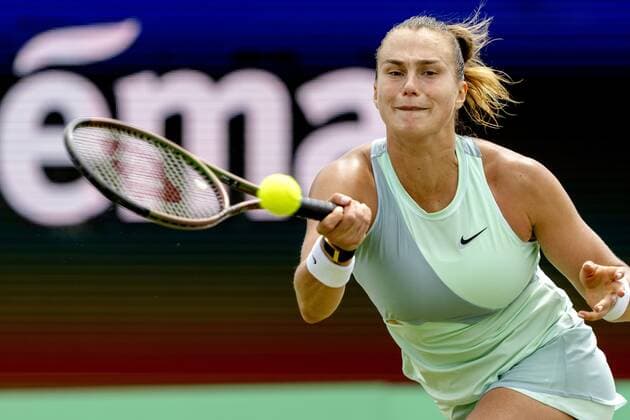 ROSMALEN - Tennis star Aryna Sabalenka (Belarus) in action during the match against Alison Van Uytvanck (not in photo, Belgium) at the international tennis tournament Libema Open. The combined Dutch tennis tournament for men and women will be held on the grass courts of Autotron for twelve days. ANP SANDER KING xVIxANPxSportx xxANPxIVx