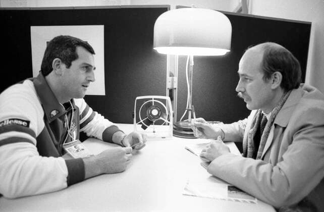 Olympic Village of XXII Summer Olympic Games, Olympische Spiele, Olympia, OS 8202781 09.07.1980 Olympic Village of the XXII Summer Olympic Games in Moscow. Left: Roberto Fabbricini, a member of the Italian delegation, football official (now the commissioner of the Italian Football Federation (FIGC)), gives an interview to a journalist from the German Democratic Republic. Sergey Subbotin Moscow Russia  Copyright: xSergeyxSubbotinx