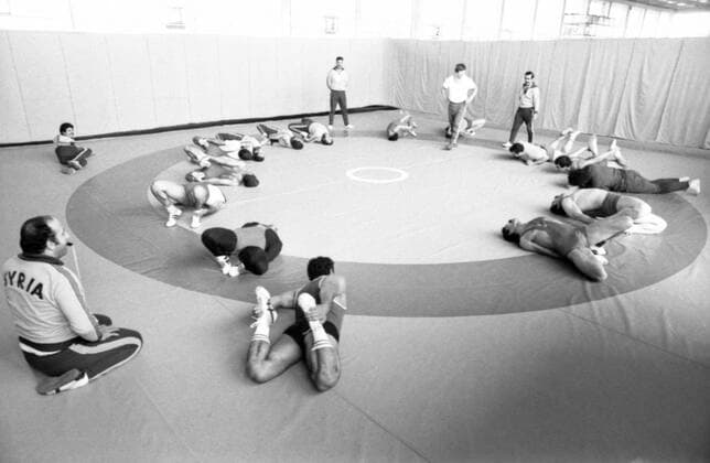 Olympic Village for 1980 Summer Olympic Games, Olympische Spiele, Olympia, OS 8202777 09.11.1980 The Olympic Village for the 1980 Summer Olympic Games. Wrestlers, members of the Syrian Olympic team during a workout. Moscow Russia  Copyright: xx